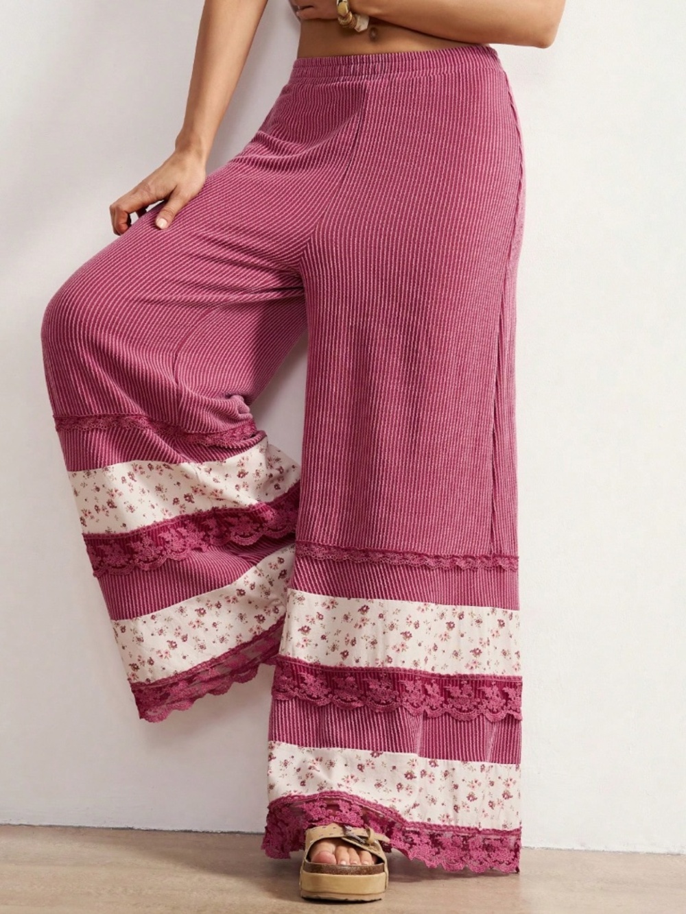 Boho Floral Print Stretchy waist Wide leg Lace pants - Picture 1 of 6